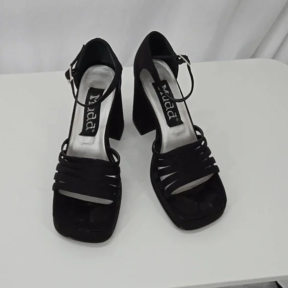 Mudd Vintage 90s Strappy Satin High Heels Black Ankle Strap Shoe Size 7 - Picture 2 of 11